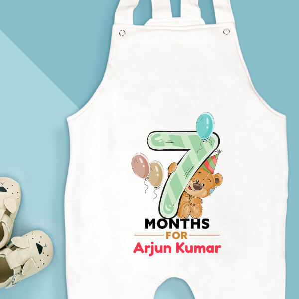 Custom 7 Months For The Baby Cute Teddy Bear Monthly Birthday Dungaree Design