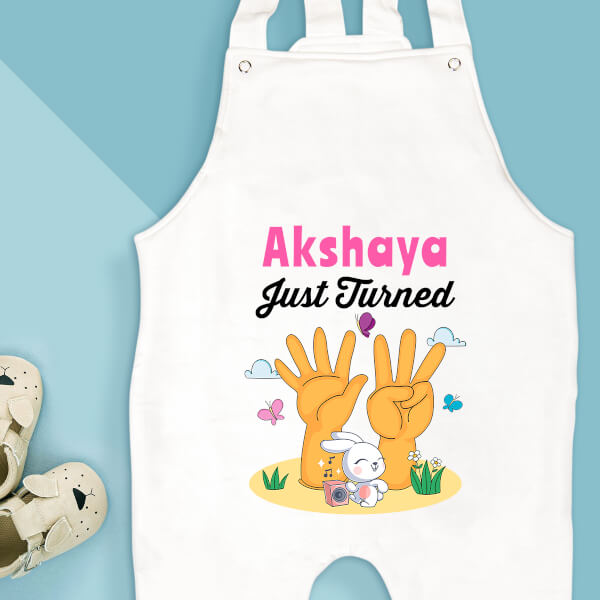Custom Just Turned 8 Monthly Birthday Dungaree Design