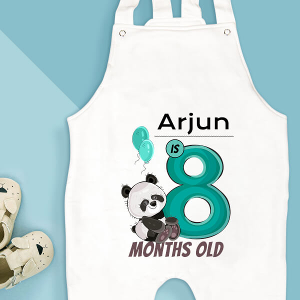 Custom Baby is 8 Months Old Cute Panda Monthly Birthday Dungaree Design