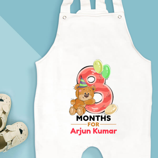 Custom 8 Months For The Baby Cute Teddy Bear Monthly Birthday Dungaree Design