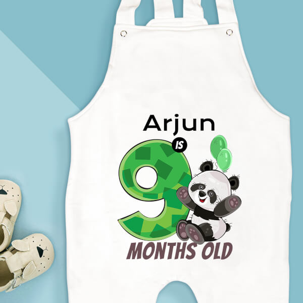 Custom Baby is 9 Months Old Cute Panda Monthly Birthday Dungaree Design