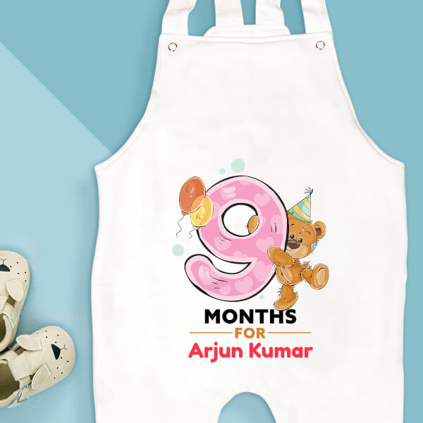 Custom 9 Months For The Baby Cute Teddy Bear Monthly Birthday Dungaree Design