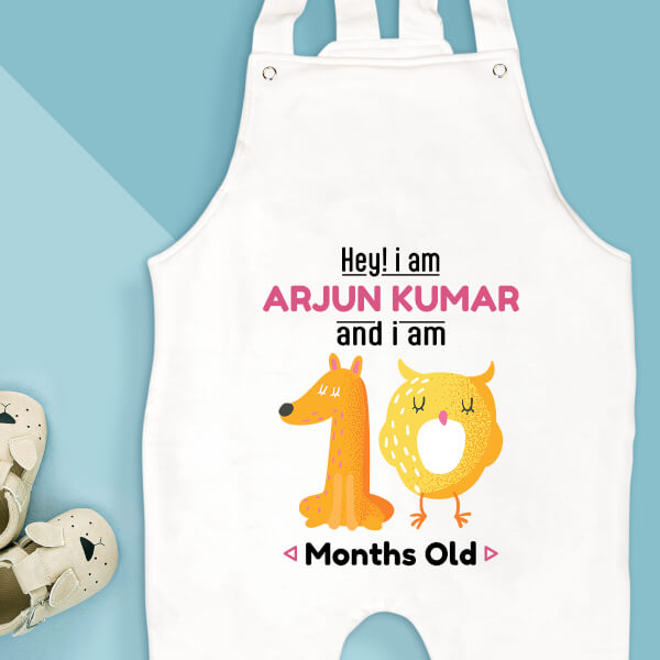 Custom Hey I Am 10 Months Old Baby Monthly Birthday Dungaree Design