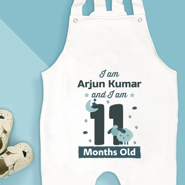 Custom I Am 11 Months Old Baby Monthly Birthday Dungaree Design