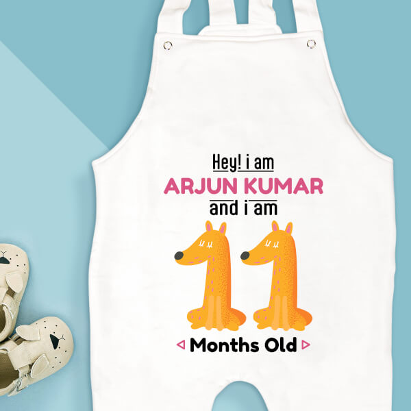 Custom Hey I Am 11 Months Old Baby Monthly Birthday Dungaree Design