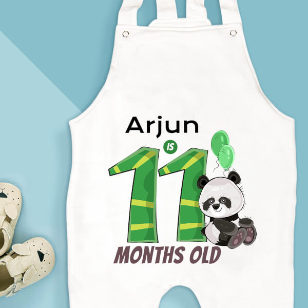 Custom Baby is 11 Months Old Cute Panda Monthly Birthday Dungaree Design