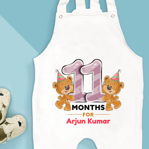 Custom 11 Months For The Baby Cute Teddy Bear Monthly Birthday Dungaree Design