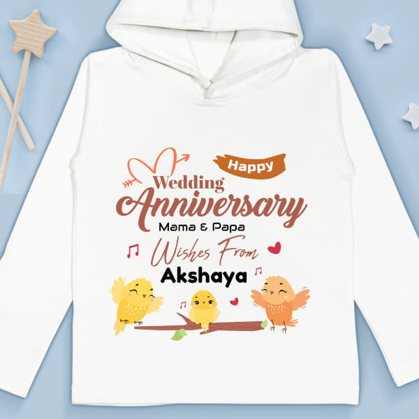 Custom Happy Wedding Anniversary Wishes From The Kid with Adorable Singing Birds Milestone Collection Hoodie Design