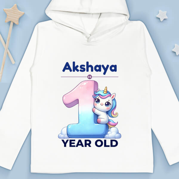 Custom Baby is 1 Year Old with Adorable Baby Unicorn Yearly Birthday Hoodie Design