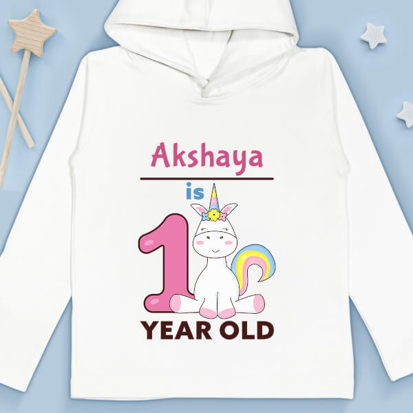Custom Baby is 1 Year Old with Cute Unicorn Yearly Birthday Hoodie Design