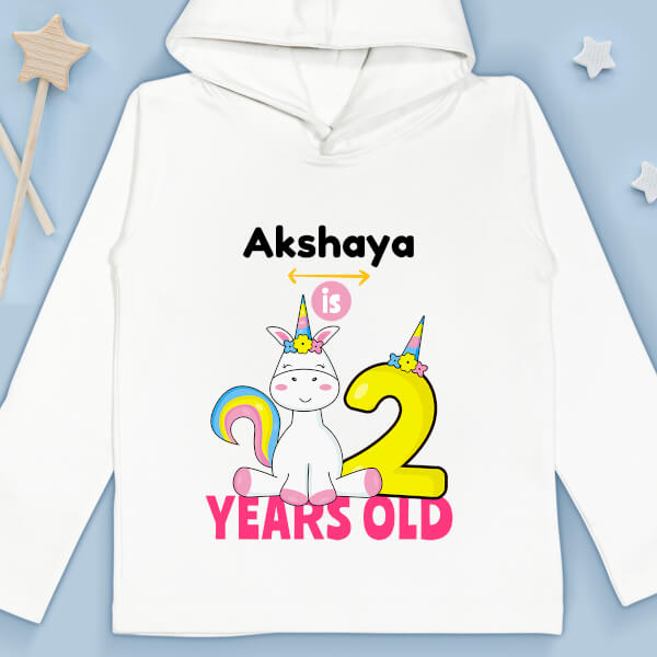 Custom Kid is 2 Years Old with Cute Unicorn Yearly Birthday Hoodie Design