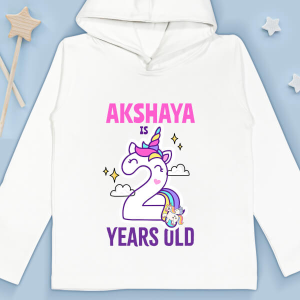 Custom Kid is 2 Years Old with Unicorns and Stars Yearly Birthday Hoodie Design