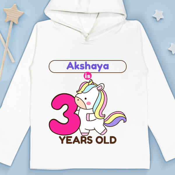 Custom Kid is 3 Years Old with Cute Unicorn Yearly Birthday Hoodie Design