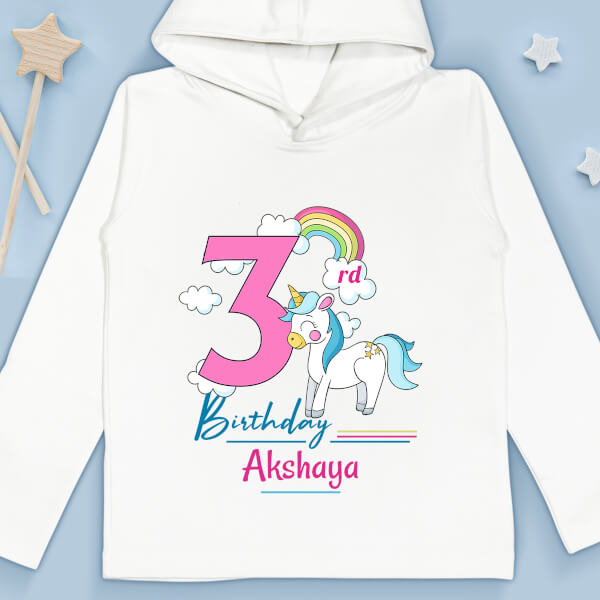 Custom 3rd Birthday of The Kid with Unicorn and Rainbow Yearly Birthday Hoodie Design