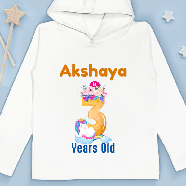 Custom Kid is 3 Years Old with Cute Unicorn and Flowers Yearly Birthday Hoodie Design