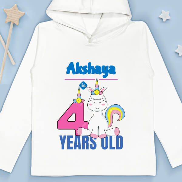 Custom Kid is 4 Years Old with Cute Unicorn Yearly Birthday Hoodie Design