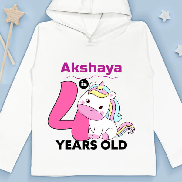 Custom Kid is 4 Years Old with Adorable Baby Unicorn Yearly Birthday Hoodie Design