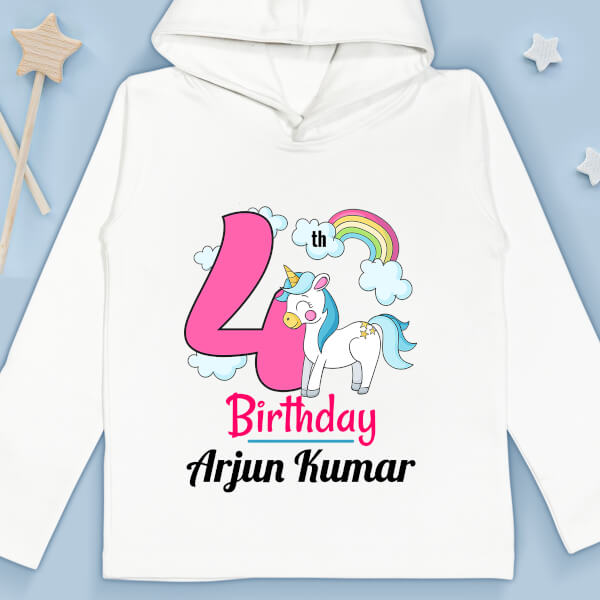 Custom 4th Birthday of The Kid with Unicorn and Rainbow Yearly Birthday Hoodie Design