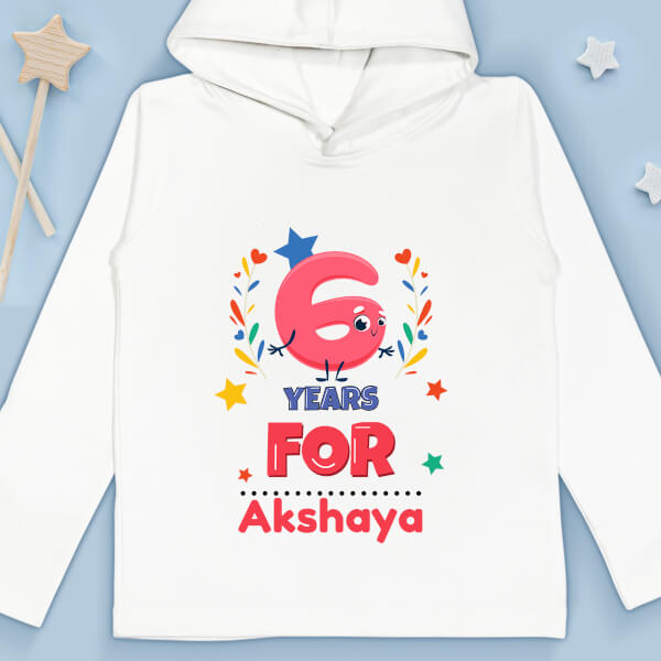 Custom Kid is 6 Years Old with Stars and Hearts Yearly Birthday Hoodie Design