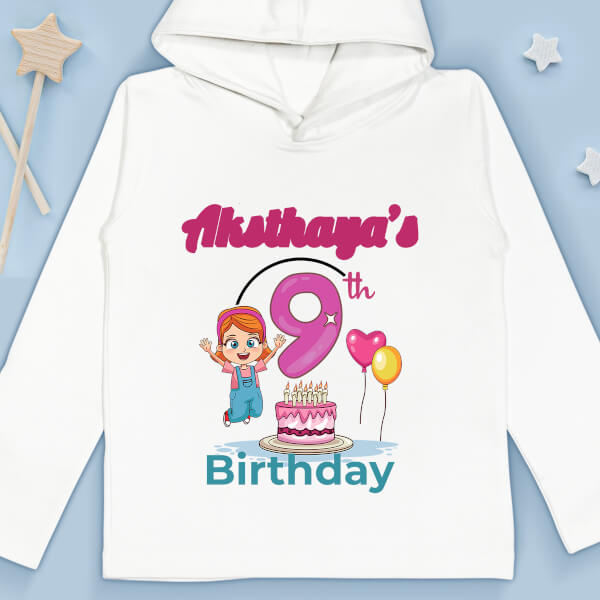 Custom 9th Birthday of The Kid with Cake and Balloons Yearly Birthday Hoodie Design
