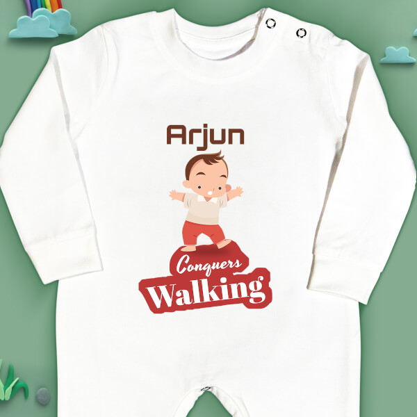 Custom Baby Conquers Walking Milestone Collection Jumpsuit Design