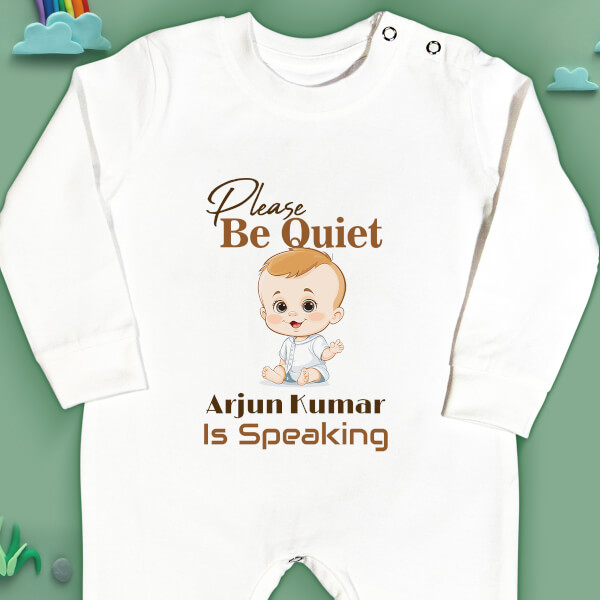 Custom Please Be Quiet Baby is Speaking Milestone Collection Jumpsuit Design