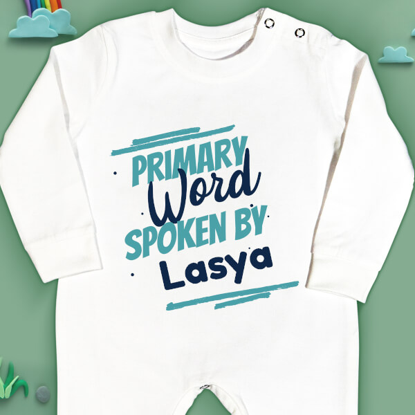 Custom Primary Word Spoken by The Baby Milestone Collection Jumpsuit Design