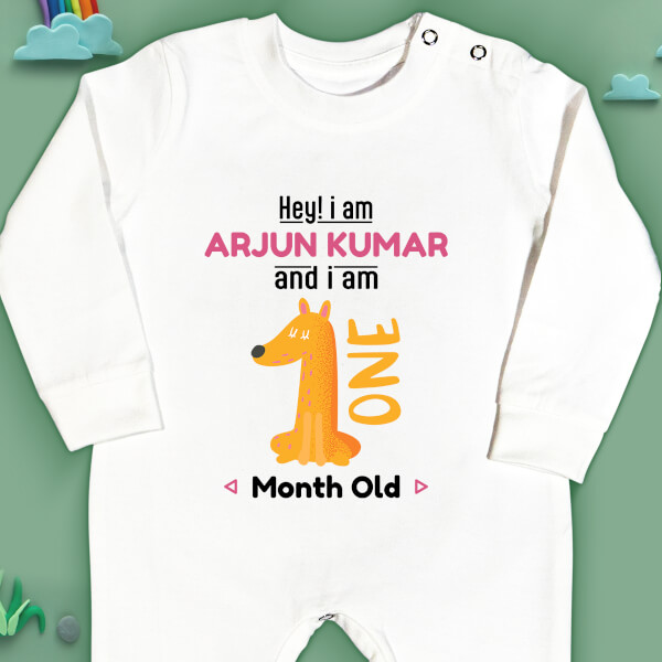 Custom Hey I Am 1 Month Old Baby Monthly Birthday Jumpsuit Design