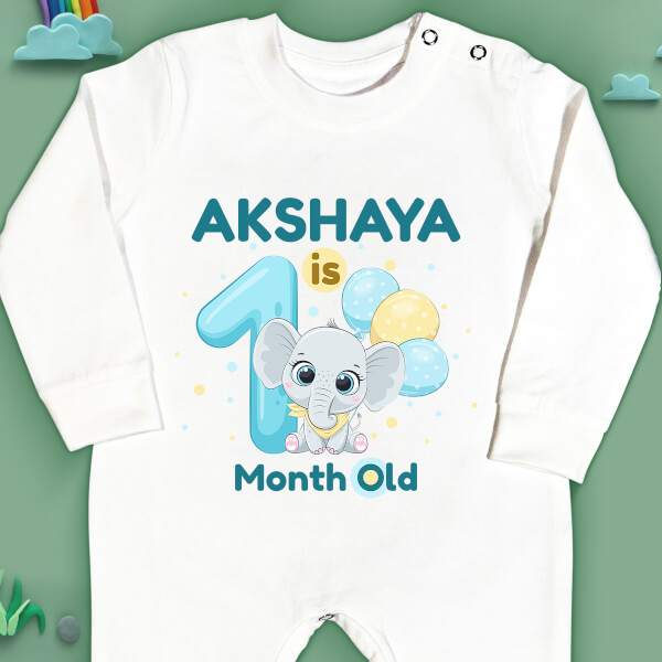 Custom Baby is 1 Month Old Cute Baby Elephant Monthly Birthday Jumpsuit Design