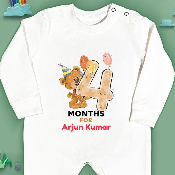 Custom 4 Months For The Baby Cute Teddy Bear Monthly Birthday Jumpsuit Design