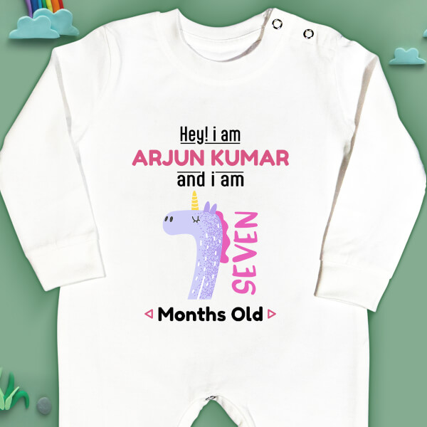 Custom Hey I Am 7 Months Old Baby Monthly Birthday Jumpsuit Design