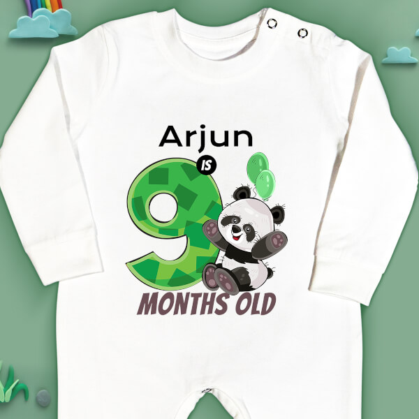 Custom Baby is 9 Months Old Cute Panda Monthly Birthday Jumpsuit Design