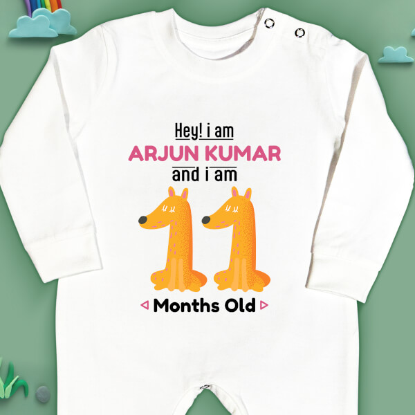 Custom Hey I Am 11 Months Old Baby Monthly Birthday Jumpsuit Design