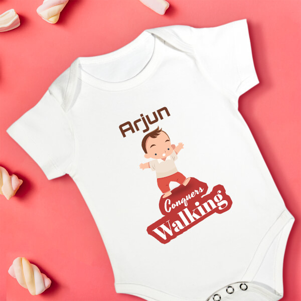 Custom Baby Conquers Walking Milestone Collection Rompers Design