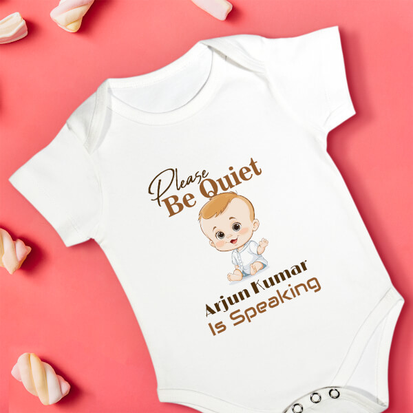 Custom Please Be Quiet Baby is Speaking Milestone Collection Rompers Design