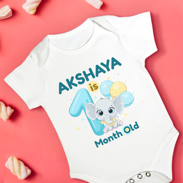 Custom Baby is 1 Month Old Cute Baby Elephant Monthly Birthday Rompers Design