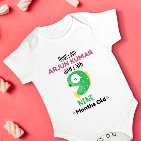 Custom Hey I Am 9 Months Old Baby Monthly Birthday Rompers Design