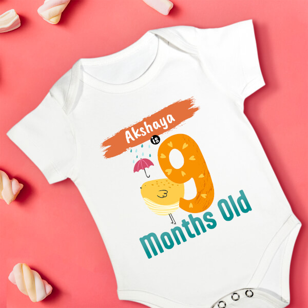 Custom Baby is 9 Months Old Monthly Birthday Rompers Design