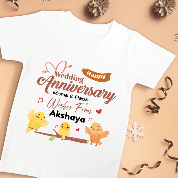 Custom Happy Wedding Anniversary Wishes From The Kid with Adorable Singing Birds Milestone Collection Tshirt Design