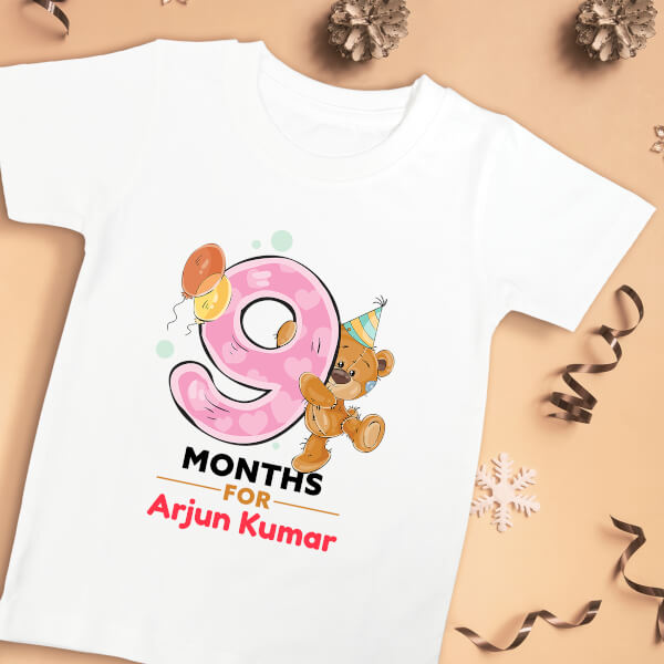 Custom 9 Months For The Baby Cute Teddy Bear Monthly Birthday Tshirt Design