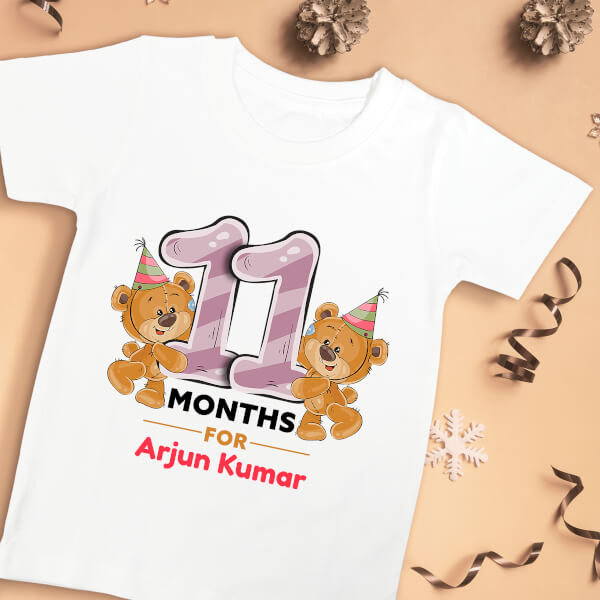Custom 11 Months For The Baby Cute Teddy Bear Monthly Birthday Tshirt Design