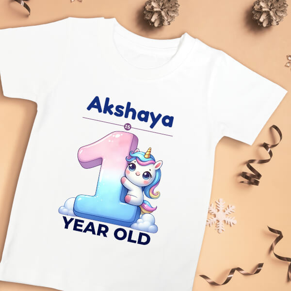 Custom Baby is 1 Year Old with Adorable Baby Unicorn Yearly Birthday Tshirt Design