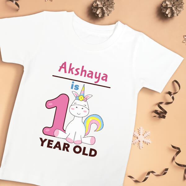 Custom Baby is 1 Year Old with Cute Unicorn Yearly Birthday Tshirt Design