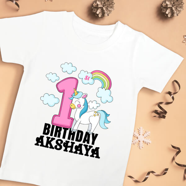 Custom 1st Birthday of The Baby with Unicorn and Rainbow Yearly Birthday Tshirt Design