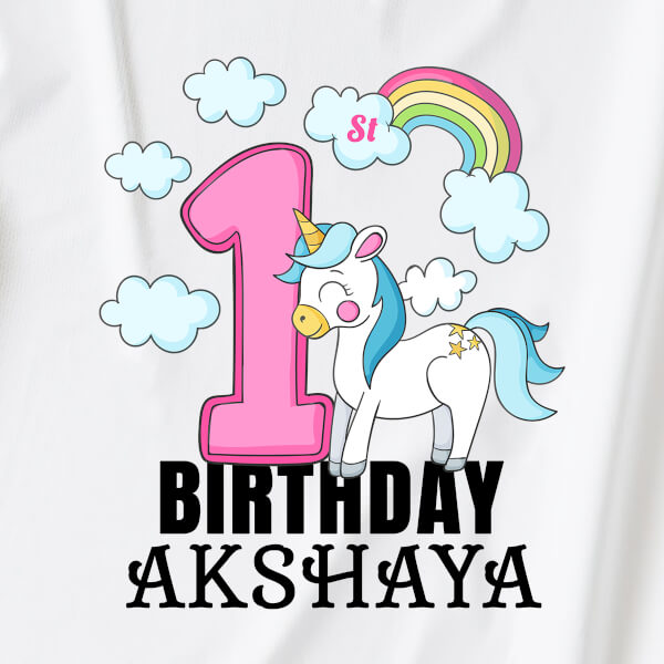 Custom 1st Birthday of The Baby with Unicorn and Rainbow Yearly Birthday Tshirt Design