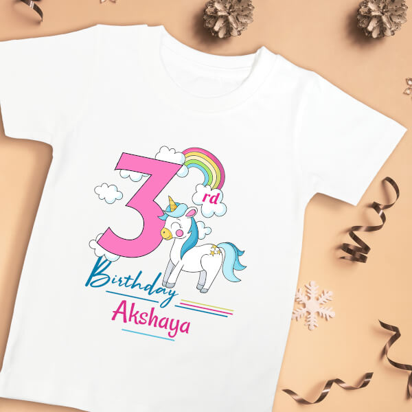 Custom 3rd Birthday of The Kid with Unicorn and Rainbow Yearly Birthday Tshirt Design