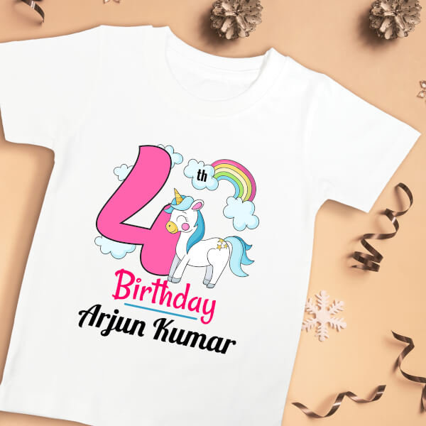 Custom 4th Birthday of The Kid with Unicorn and Rainbow Yearly Birthday Tshirt Design