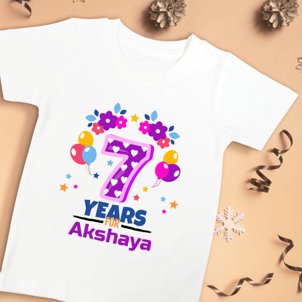 Custom 7 Years For The Kid with Flowers and Balloons Yearly Birthday Tshirt Design
