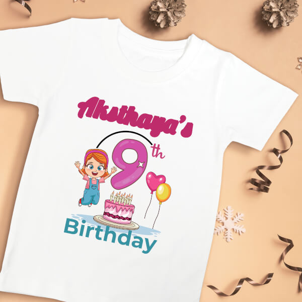 Custom 9th Birthday of The Kid with Cake and Balloons Yearly Birthday Tshirt Design
