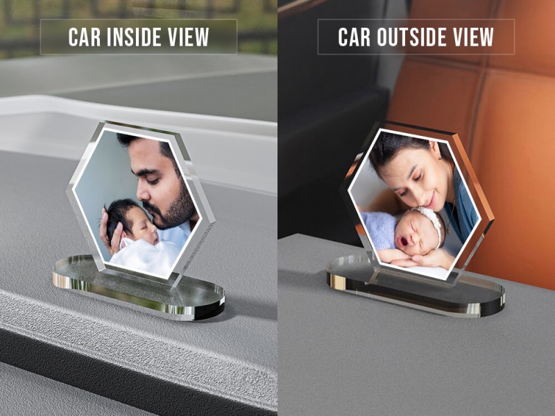 Custom Full Pic Upload Design: Hexagon Shaped Acrylic Dashboard Photo Stand with Image Printing